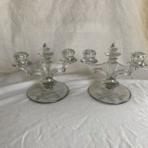 Vintage Pair of Tiffin Franciscan Glass Etched Double Candlestick Holders 1930's